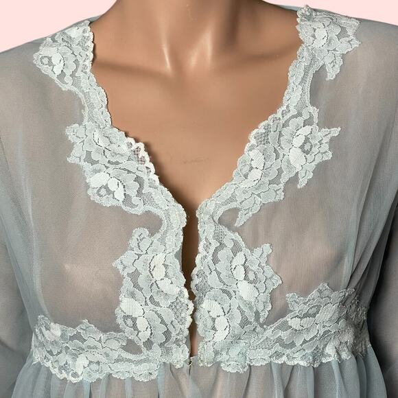 Vintage Blue Chiffon Tulle Lace Robe Double Layer Lingerie - Picture 2 of 9